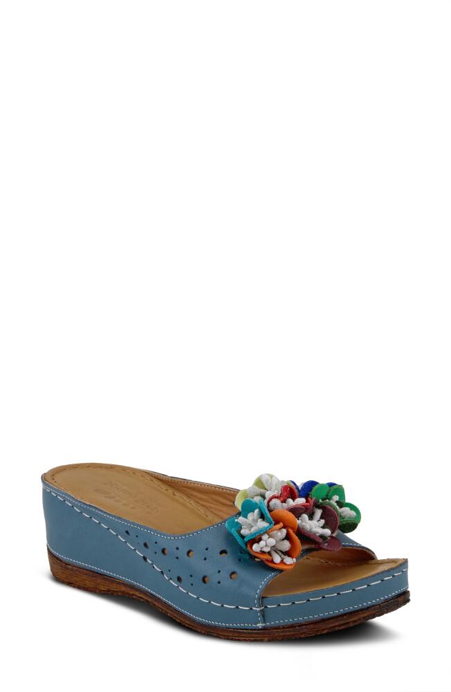 Spring Step Flower Child Slide Wedge Sandal in Blue Leather Cover