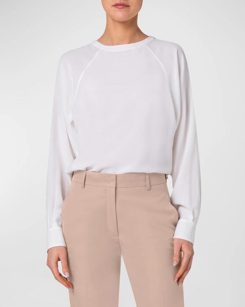 Akris Crewneck Long-Sleeve Silk Crepe Blouse Cover