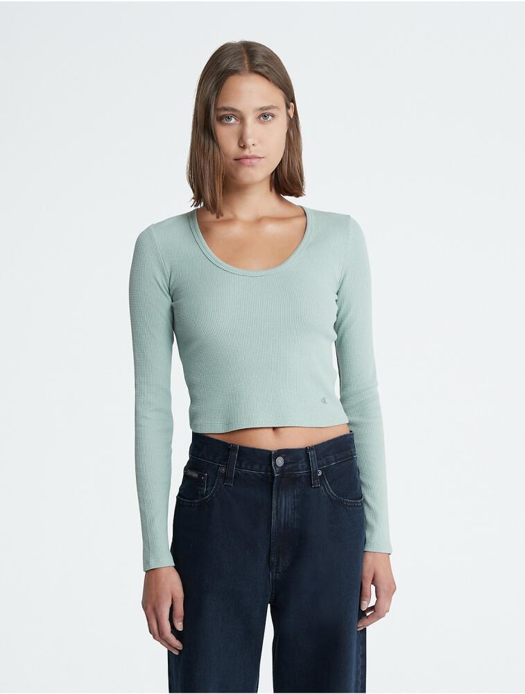 Calvin Klein Women's Waffle Cropped Scoopneck T-Shirt - Green Cover