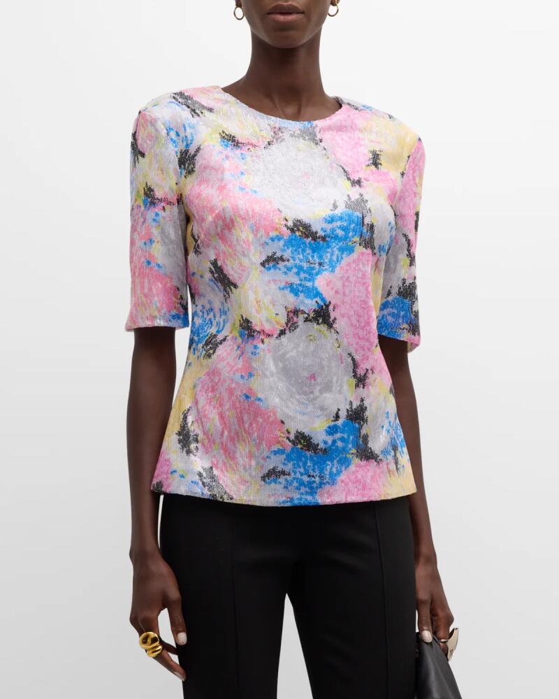 Rosetta Getty Painted Floral Sequin Mesh Sequin Fitted T-Shirt Cover