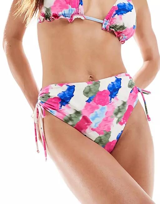 Vero Moda mix and match high waisted bikini bottoms with ruched sides in bright watercolor print-Multi Cover