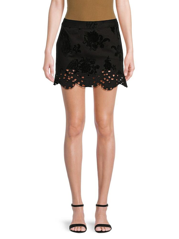 Hemant & Nandita Women's Floral Eyelet Scalloped Mini Skirt - Black Cover