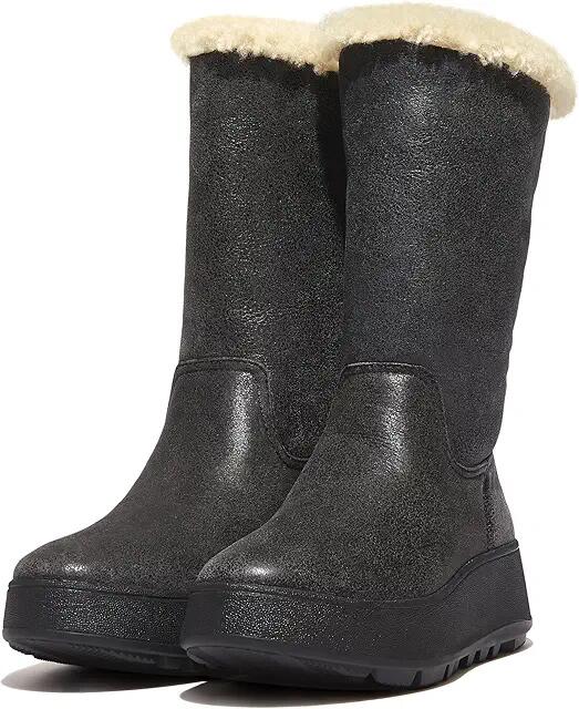 FitFlop F-Mode Roll-Down Shearling Flatform Calf Boots (Black) Women's Boots Cover