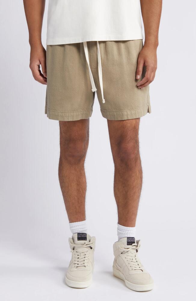 FRAME Elastic Waist Cotton Terry Shorts in Dark Beige Cover