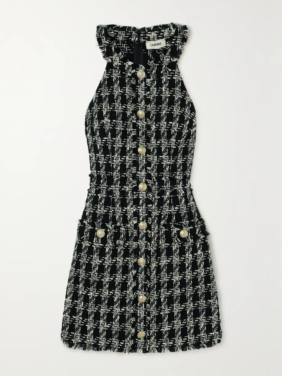 L'Agence - Jade Button-embellished Frayed Cotton-tweed Mini Dress - Black Cover