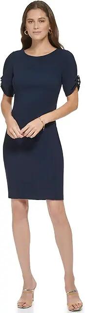 DKNY Puff Sleeve Gunmetal Trim Sheath Dress (Spring Navy) Women's Dress Cover