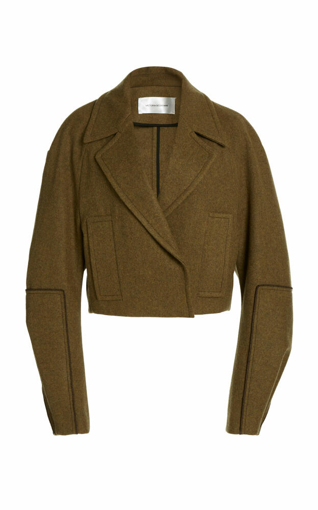 Victoria Beckham - Cropped Merino Wool-Blend Pea Coat - Khaki Cover