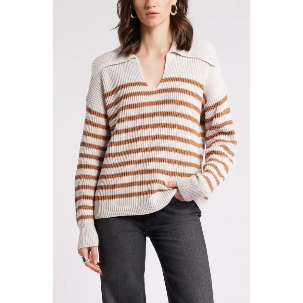 Nordstrom Stripe Long Sleeve Cotton Sweater in Ivory Sand- Tan Stripe Cover