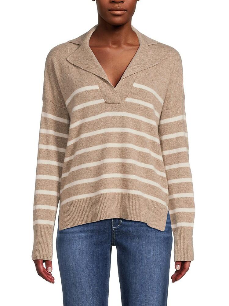 Design 365 Women's Johnny Collar Striped Cashmere Sweater Polo - Toast Combo Cover