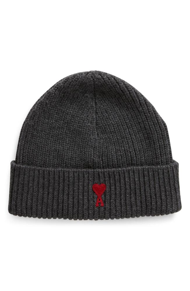 AMI PARIS Ami de Coeur Embroidered Wool Beanie in Heather Grey/Red/084 Cover