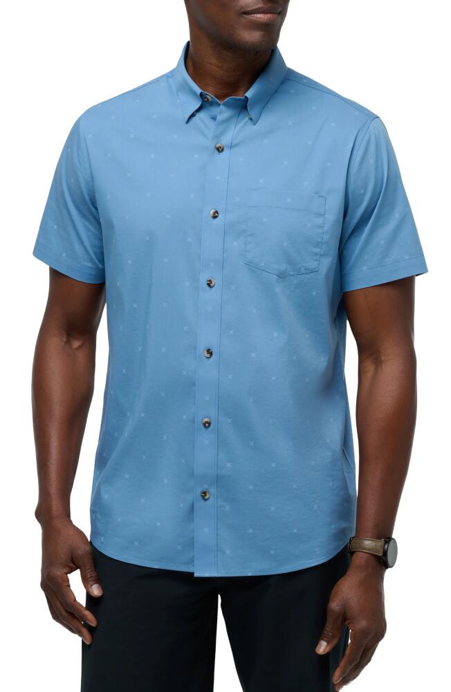 TravisMathew Across the Pond Geo Print Short Sleeve Stretch Button-Up Shirt in Quiet Harbor Cover