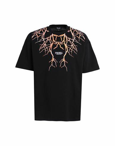 Phobia Archive Black T-shirt With Orange Embroidery Lightning Man T-shirt Black Cotton Cover