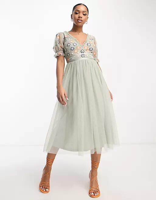 Maya ruffle sleeve midi dress with embroidery in sage-White Cover