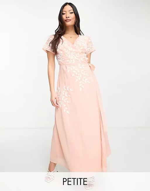 Maya wrap midaxi dress with contrast embroidery in peach-Pink Cover