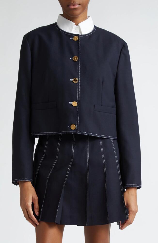 Thom Browne Boxy Crop Wool Jacket in Navy Cover