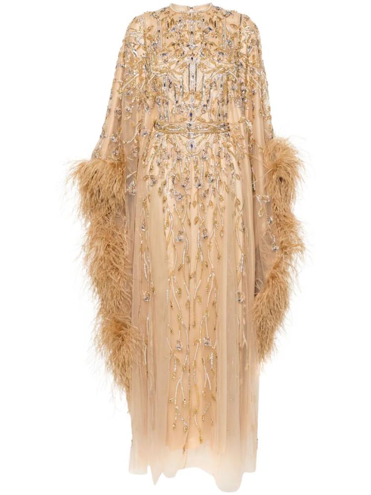 Dina Melwani feather-trim beaded gown - Gold Cover