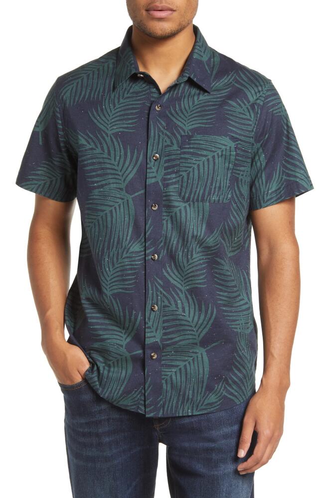 TravisMathew Sugar Rim Frond Print Short Sleeve Stretch Cotton Button-Up Shirt in Blue Nights Cover