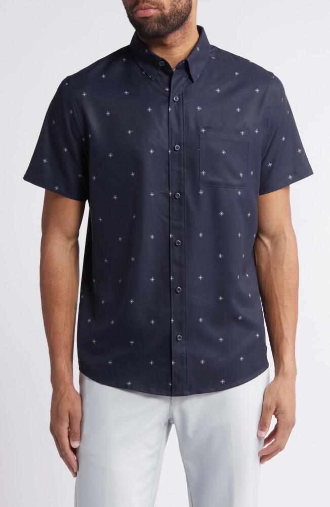 TravisMathew Olive Branch Geo Print Short Sleeve Button-Up Shirt in Total Eclipse Cover