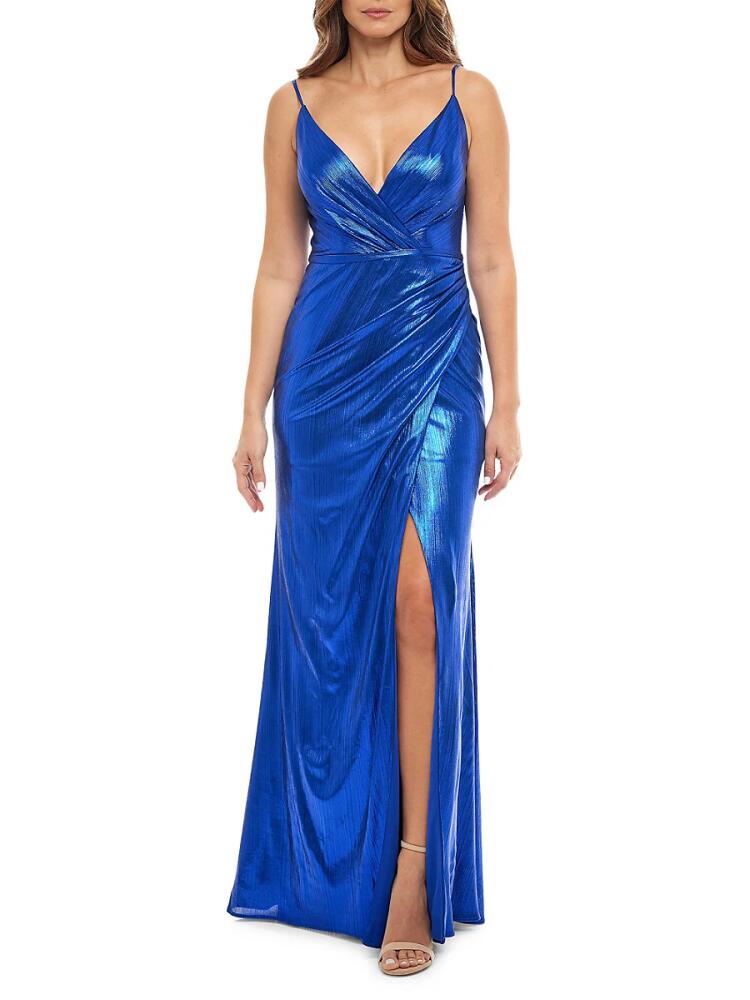 Rene Ruiz Collection Women's V Neck Liquid Drape High Slit Gown - Cobalt Cover