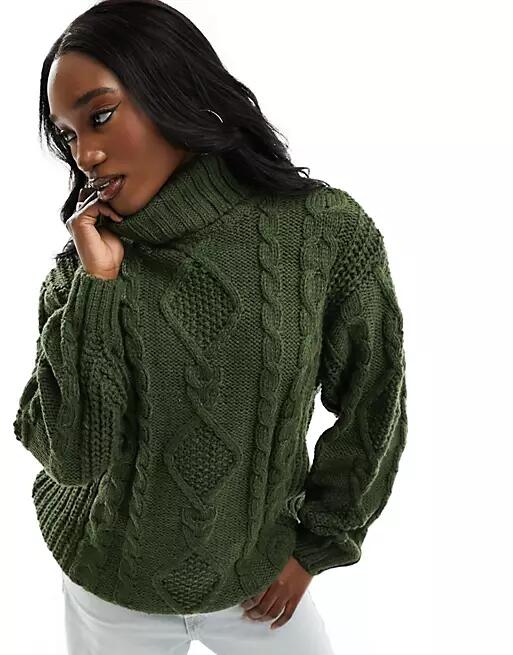 Monki heavy cable knitted roll neck sweater in dark green Cover