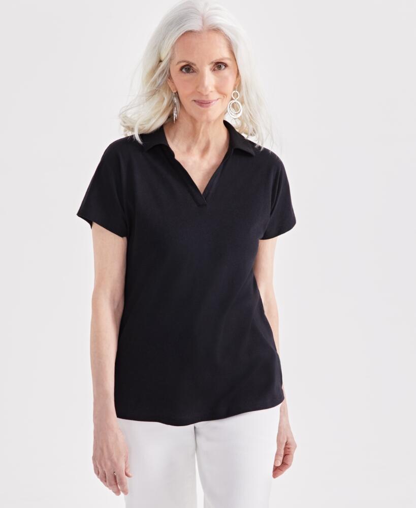 Style & Co Women's Linen Blend Polo Short-Sleeve Top, Created for Macy's - Deep Black Cover