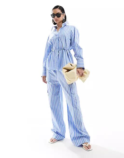 Mango straight leg tie waist striped pants in blue - part of a set Cover