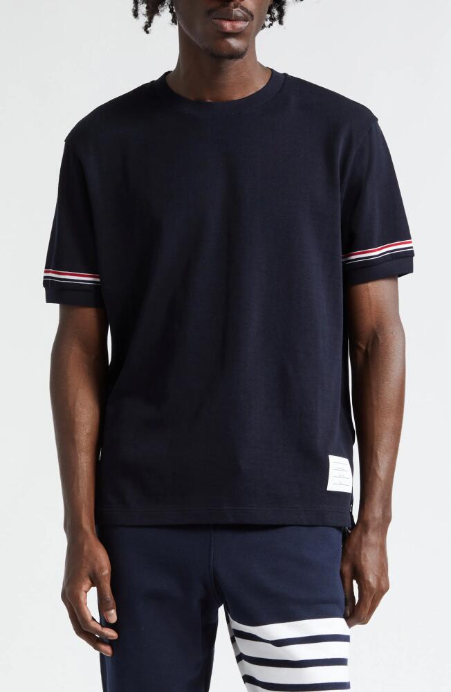 Thom Browne Stripe Sleeve Cotton T-Shirt in Navy Cover