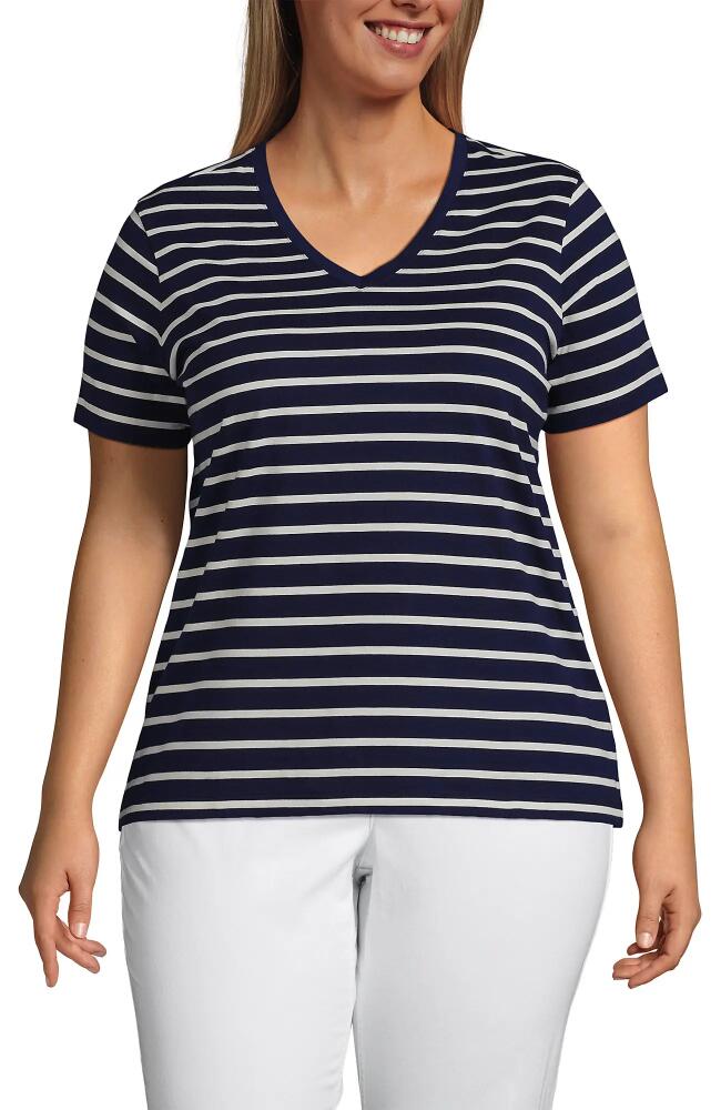 Lands' End Plus Size Relaxed Supima Cotton V-Neck T-Shirt in Deep Sea Navy Breton Stripe Cover