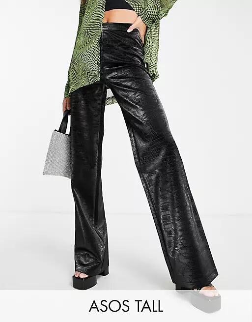 ASOS DESIGN Tall straight leg pants in iridescent croc faux leather in black Cover