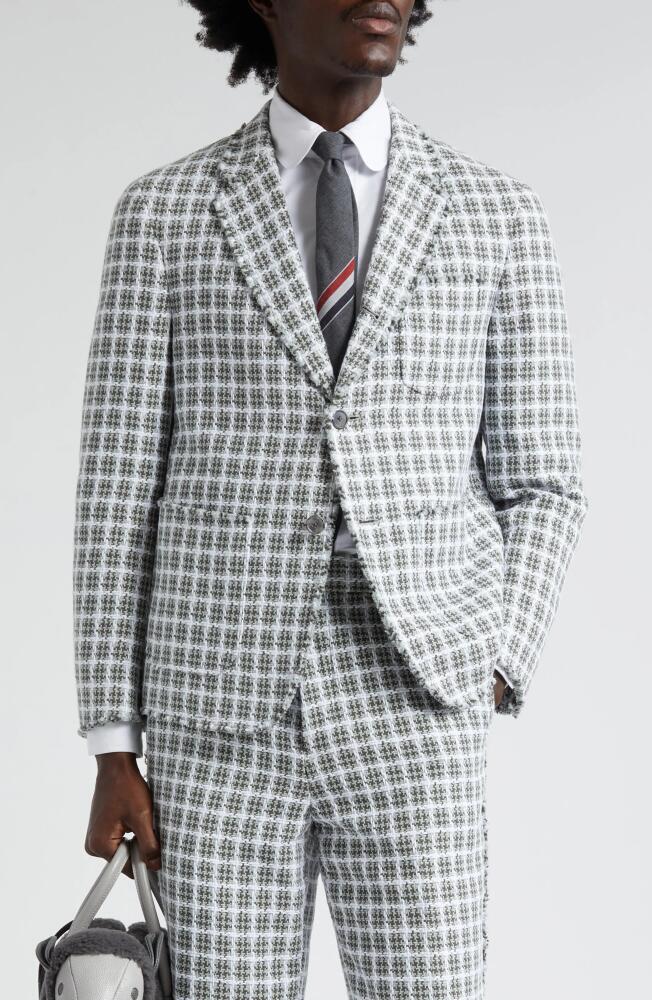 Thom Browne Unconstructed Fit Fray Edge Plaid Sport Coat in Medium Grey Cover