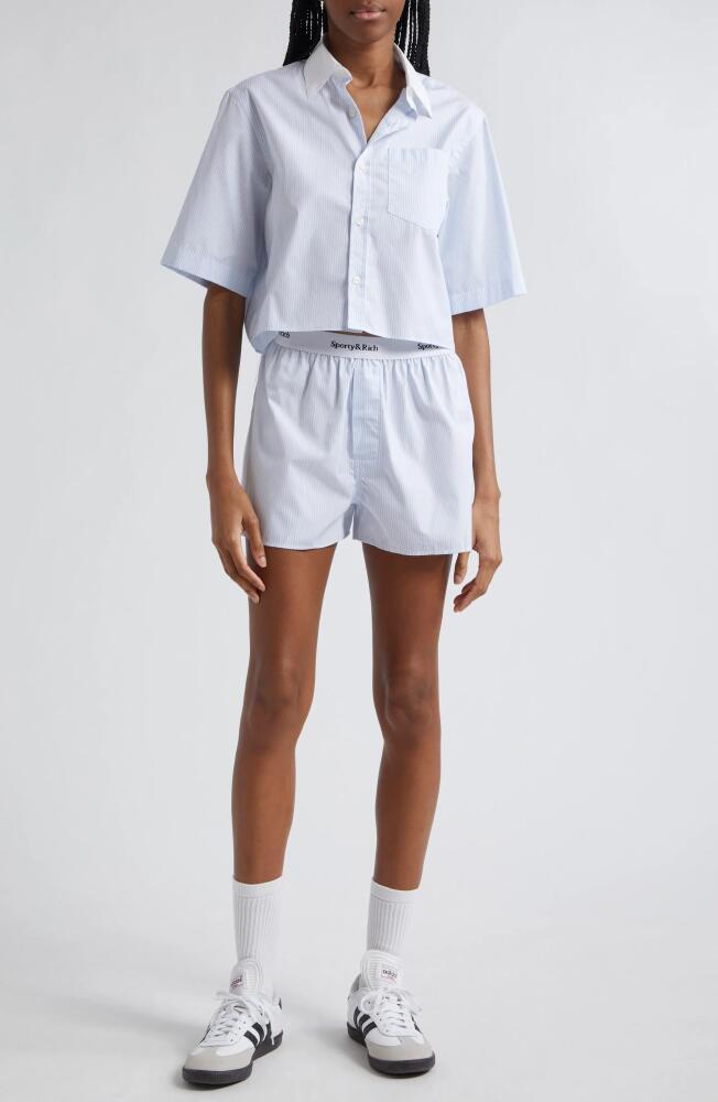 Sporty & Rich Embroidered Crop Shirt in White/Light Blue Stripe Cover