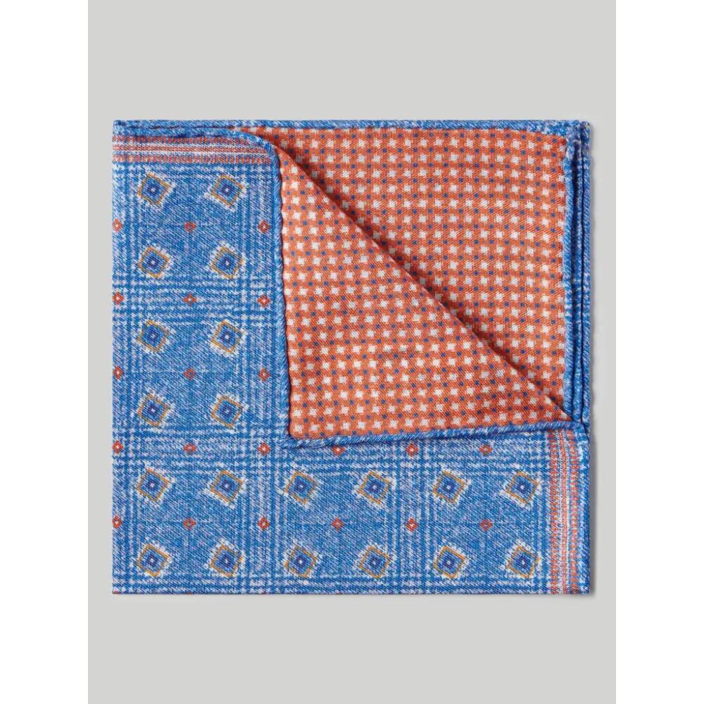 Robert Talbott Collins Reversible Silk/Cotton Pocket Square in Blue/orange Neat Cover