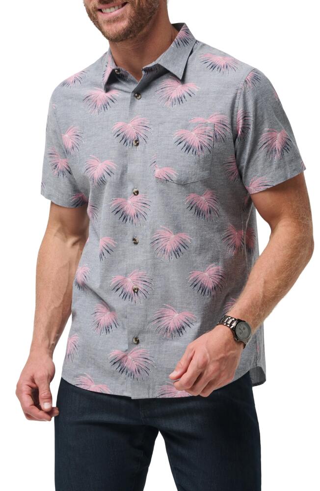 TravisMathew Tip Me Over Leaf Print Short Sleeve Stretch Button-Up Shirt in Heather Total Eclips Cover