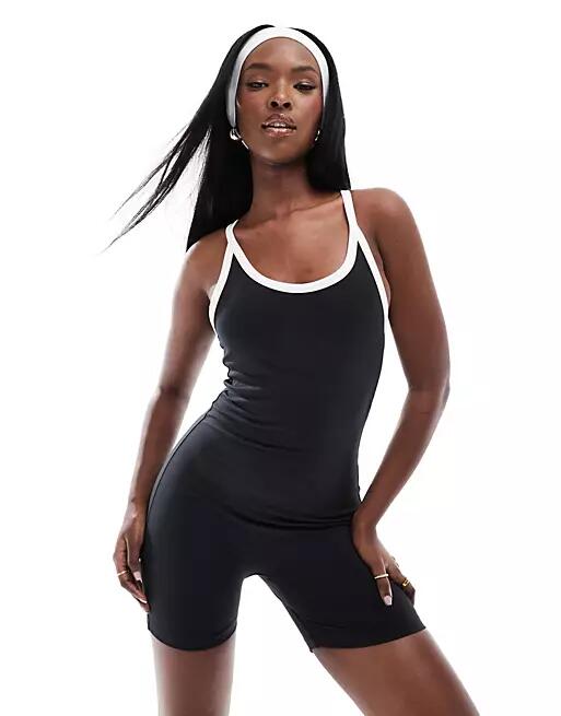 ASOS 4505 Court tennis contrast trim soft touch all in one with inner bra in black Cover