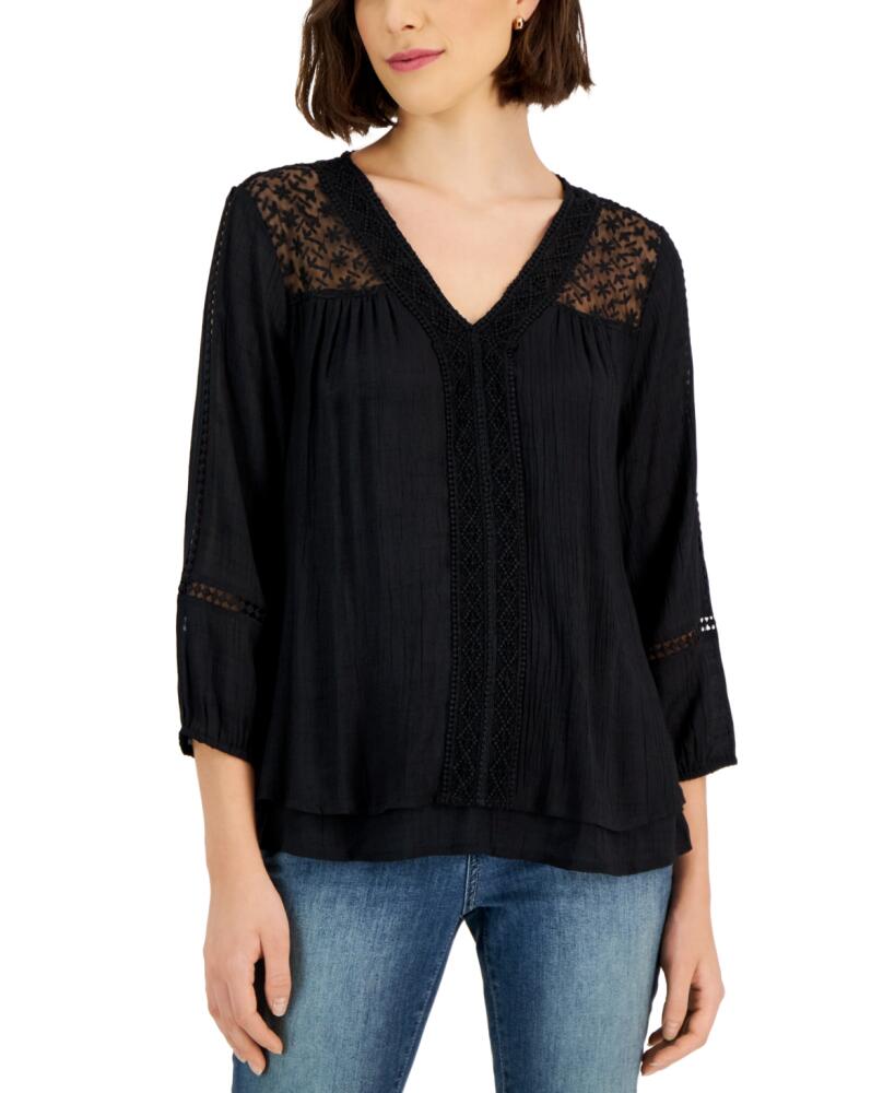 Style & Co Women's 3/4-Sleeve Embroidered Lace Top, Created for Macy's - Deep Black Cover