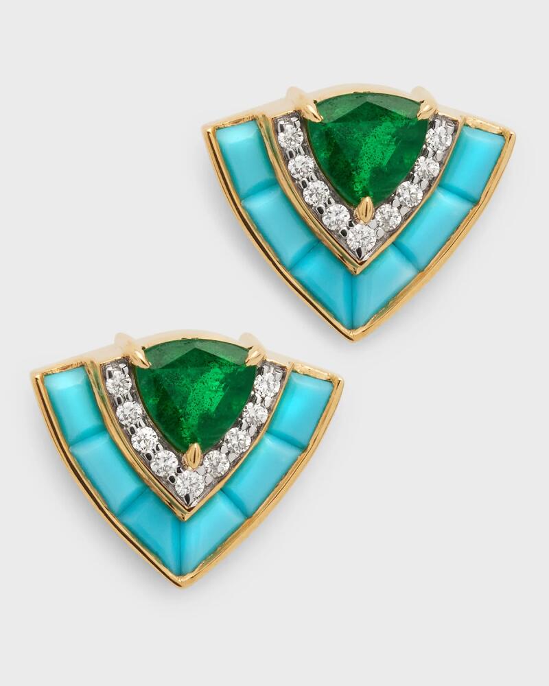 Emily P. Wheeler Tiered Stud Earrings in 18K Yellow Gold with Emeralds, Diamonds and Turquoise Cover