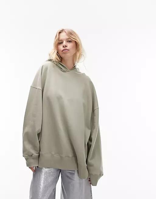 Topshop premium oversized hoodie in sage-Blue Cover