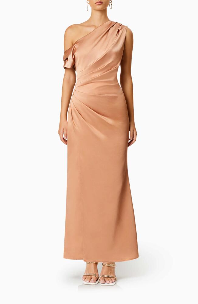 Elliatt Retreat One-Shoulder Satin Gown in Copper Cover