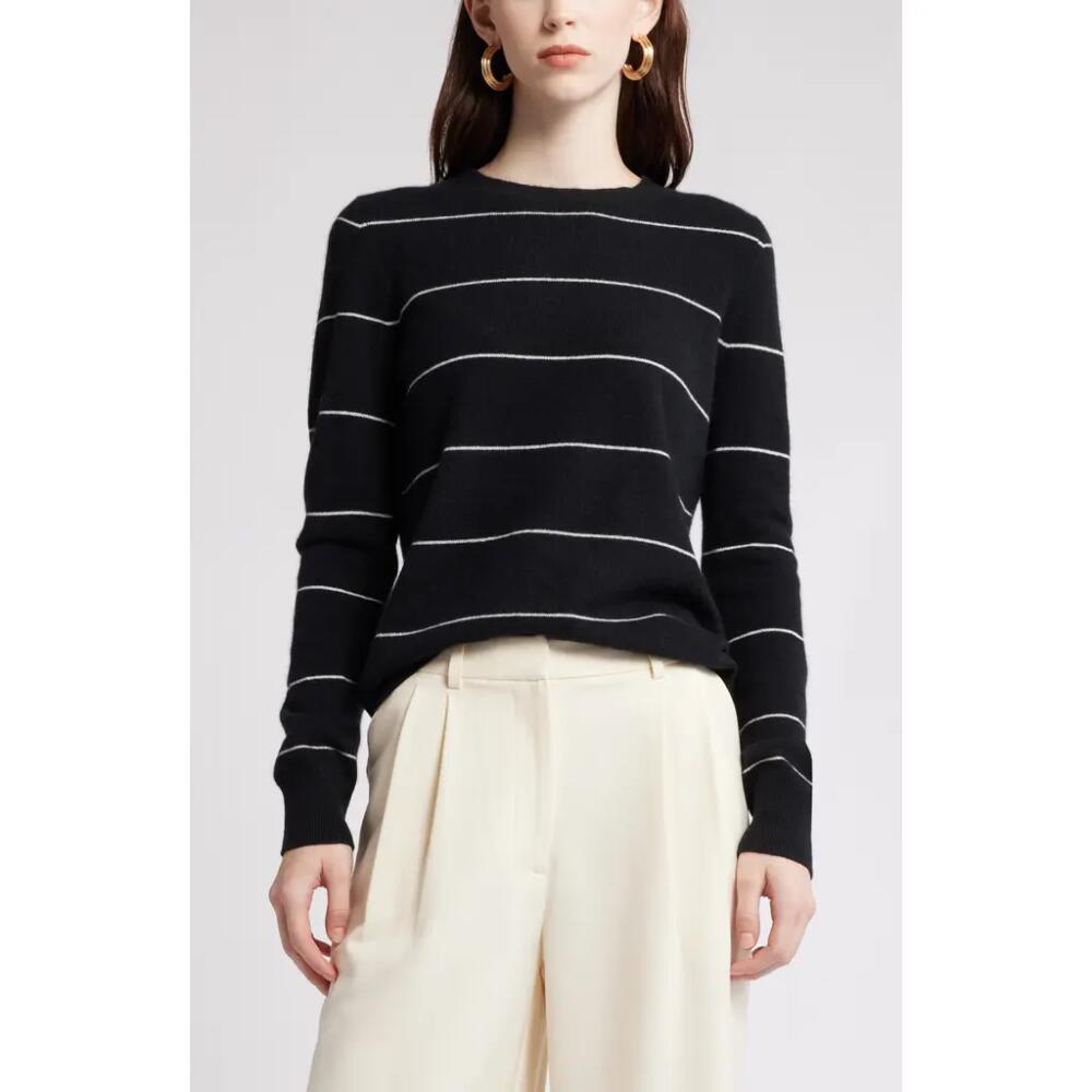 Nordstrom Crewneck Cashmere Sweater in Black- Ivory Spaced Stripe Cover