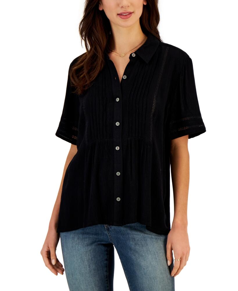 Style & Co Petite Pintuck Short-Sleeve Button-Front Shirt, Created for Macy's - Deep Black Cover