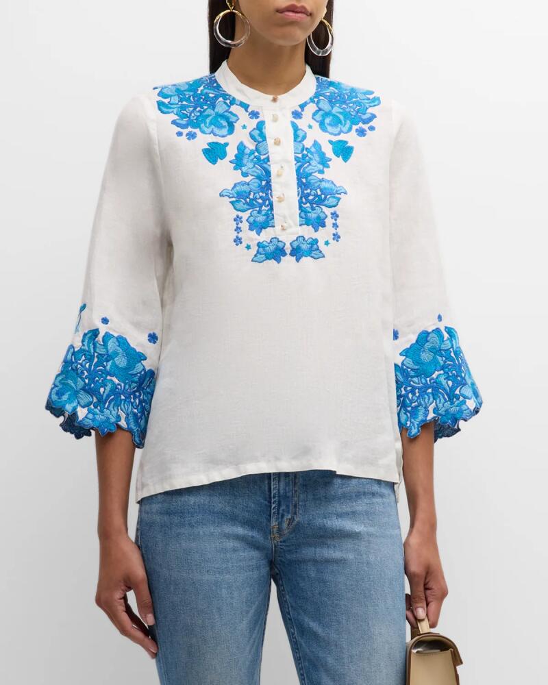 Johnny Was Elly Floral-Embroidered Linen Blouse Cover