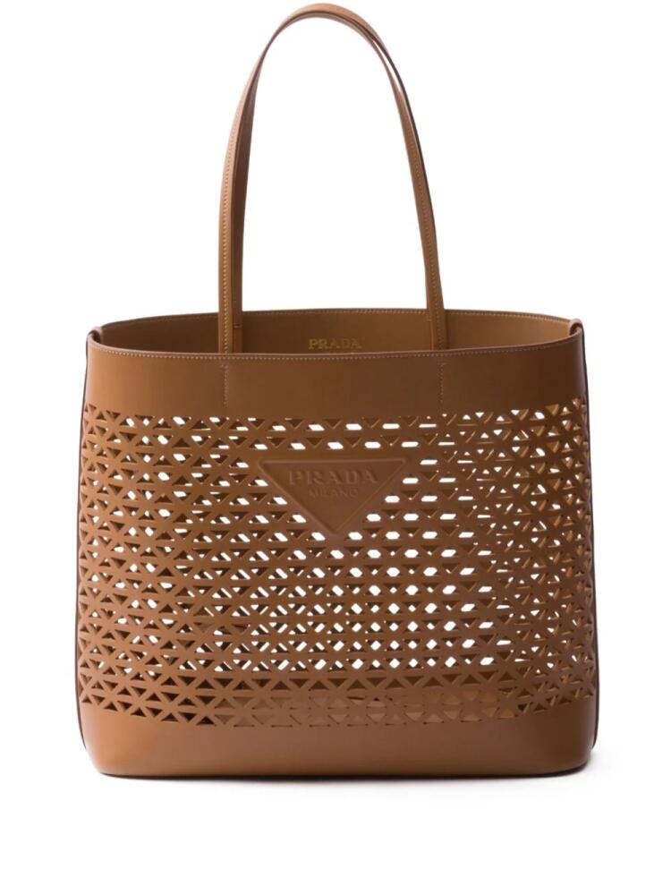 Prada logo-perforated leather tote bag - Brown Cover