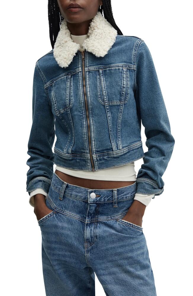 MANGO Denim Trucker Jacket with Removable Faux Shearling Collar in Medium Vintage Blue Cover