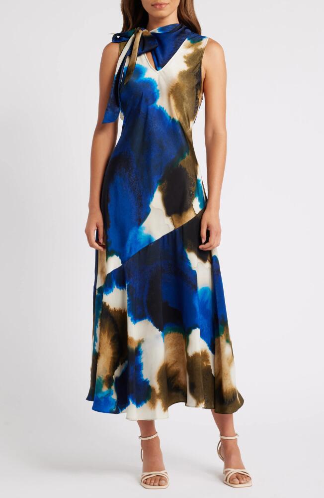 DKNY Watercolor Print Tie Neck Dress in Exploded Ink Swirl Cover