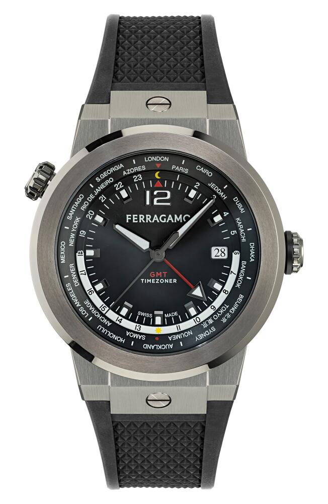 FERRAGAMO F-80 GMT Worldtime Silicone Strap Watch, 43mm in Ip Gunmetal Cover