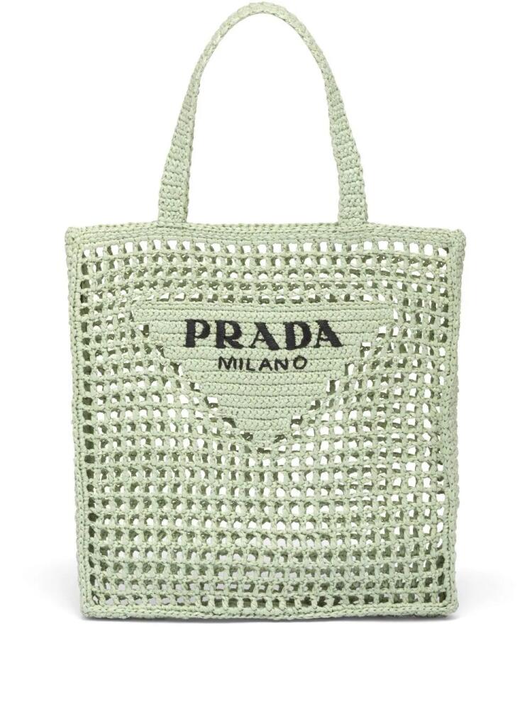 Prada triangle-logo crochet rafia tote bag - Green Cover