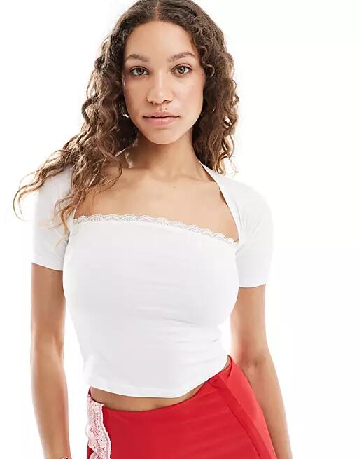 Motel reqla square neck lace trim top in white-Blue Cover