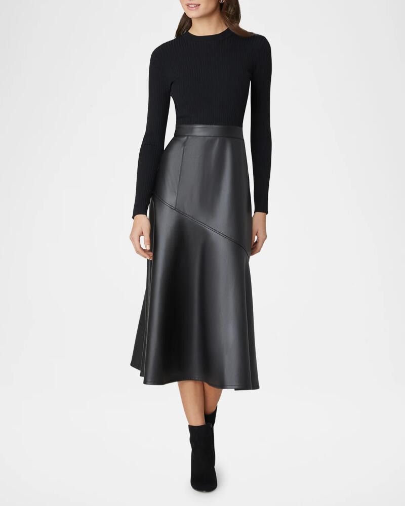 Shoshanna Lonnie Ribbed Knit & Faux Leather Midi Dress Cover