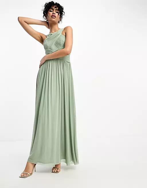 Little Mistress Bridesmaids cross front mesh maxi dress in sage green Cover