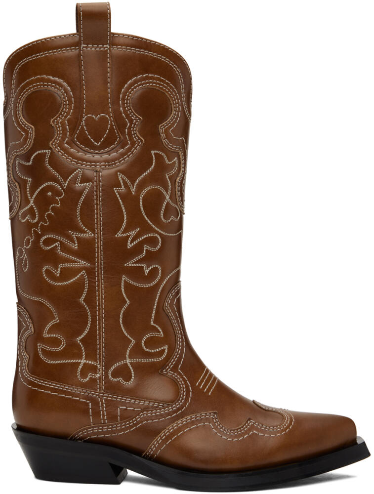 GANNI Brown Mid Shaft Embroidered Western Boots Cover